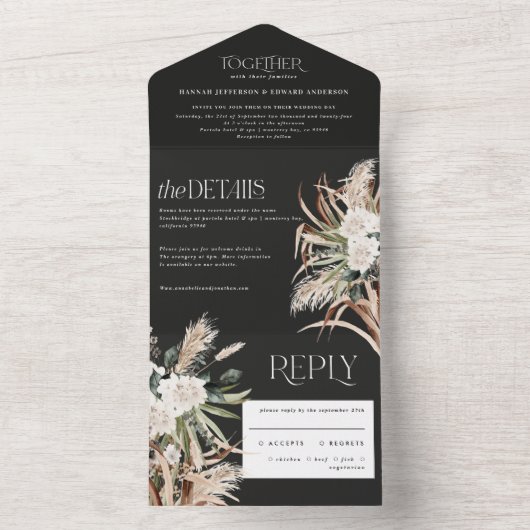 Rustikale Pampas Eukalyptus-Hochzeit All In One Einladung (Innen Boden)