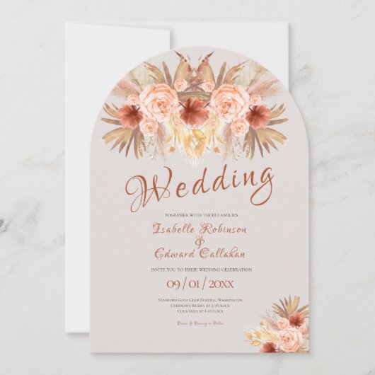 Rustikale Pampas Gras Bohemische Rose und Kupfer Einladung (Vorderseite)