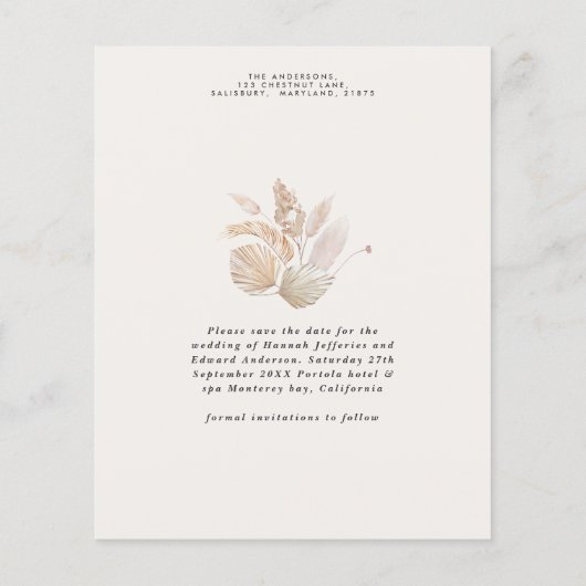 rustikale Pampas Gras Hochzeit sparen das Datum Flyer (Hinten)