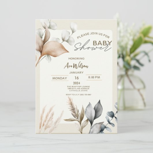 Rustikale Pampas Grass Boho Babydusche Einladung (Stehend Vorderseite)