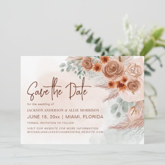 Rustikale Pampas Grass Terracotta Wedding Save The Date (Stehend Vorderseite)