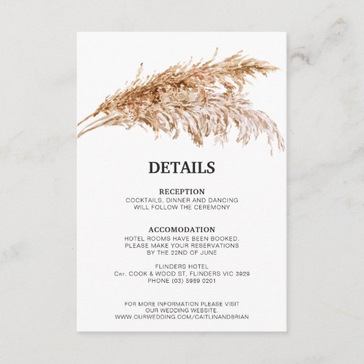Rustikale Pampasgras-Hochzeitkarte Begleitkarte (Vorderseite)