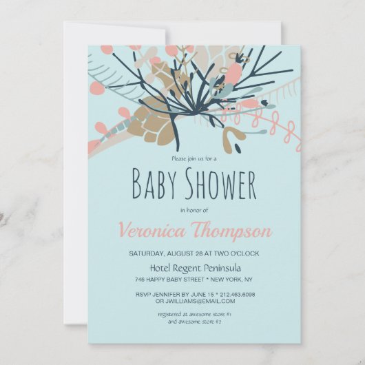 Rustikale Pastel Blue Botanical Baby Dusche Einladung (Vorderseite)
