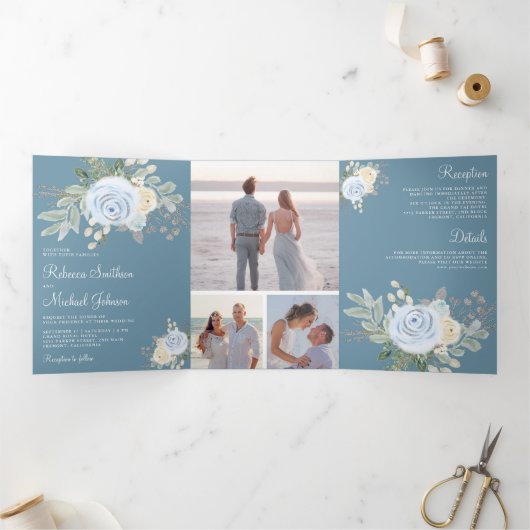 Rustikale Pastel Floral Bouquet Dusty Blue Wedding Dreifach Gefaltete Einladung (Innenseite)