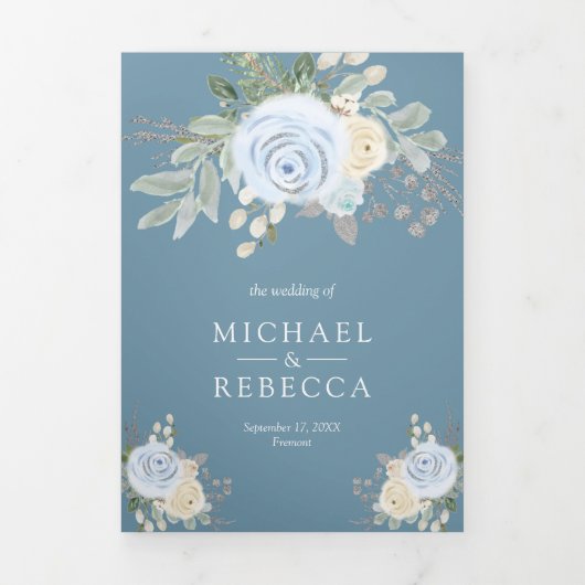 Rustikale Pastel Floral Bouquet Dusty Blue Wedding Dreifach Gefaltete Einladung (Cover)