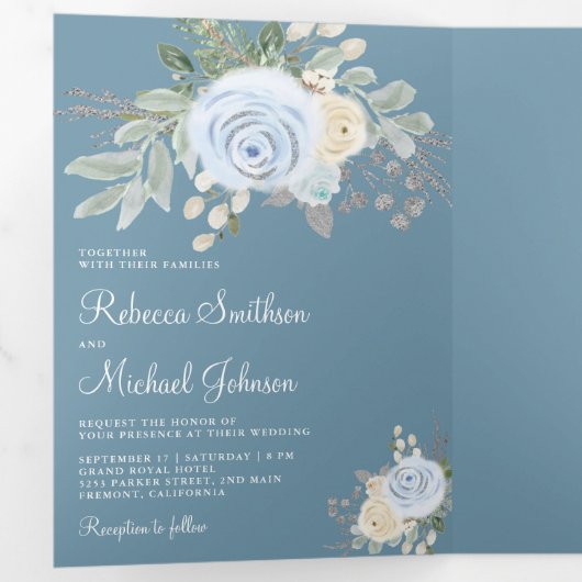 Rustikale Pastel Floral Bouquet Dusty Blue Wedding Dreifach Gefaltete Einladung (Innen Erste Seite)