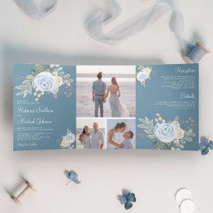 Rustikale Pastel Floral Bouquet Dusty Blue Wedding Dreifach Gefaltete Einladung