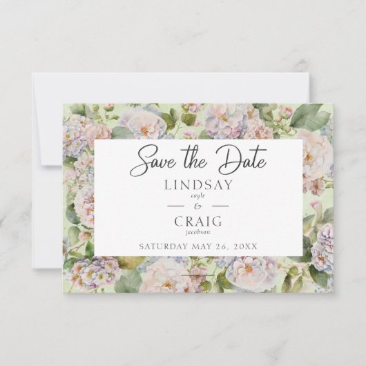 Rustikale Pastel Hydrangea Floral Monogram Sage Gr Save The Date (Vorderseite)