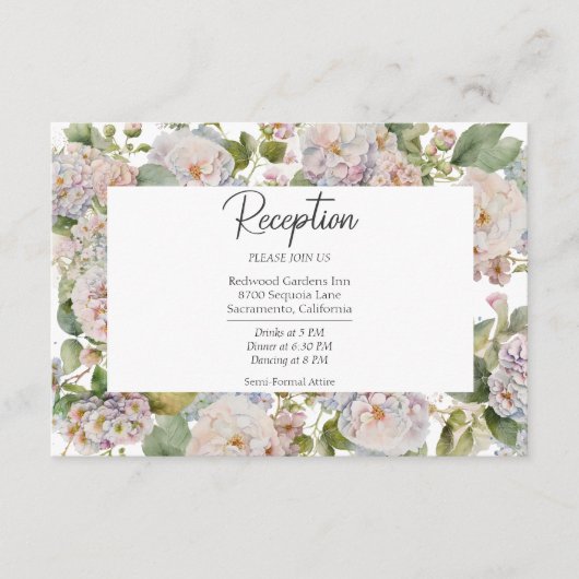 Rustikale Pastel Hydrangea Floral Peri Empfang Begleitkarte (Vorderseite)