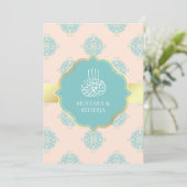 Rustikale Pastel Peach Aquamarin Damask muslimisch Einladung (Stehend Vorderseite)
