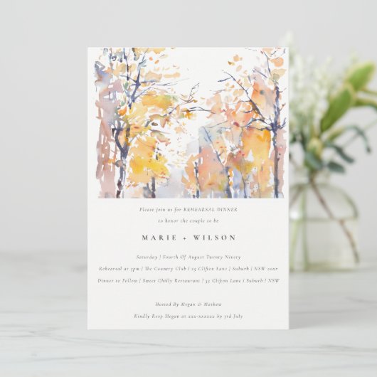 Rustikale Pastelle Herbstlandschaft Probe Abendess Einladung (Stehend Vorderseite)