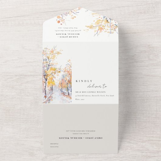 Rustikale Pastellgelbe Herbst-Landschaft Hochzeit All In One Einladung (Außenbereich)