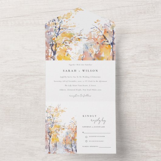 Rustikale Pastellgelbe Herbst-Landschaft Hochzeit All In One Einladung (Innen Boden)