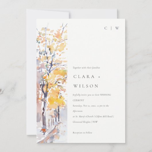 Rustikale Pastellgelbe Herbst-Landschaft Hochzeit Einladung (Vorderseite)