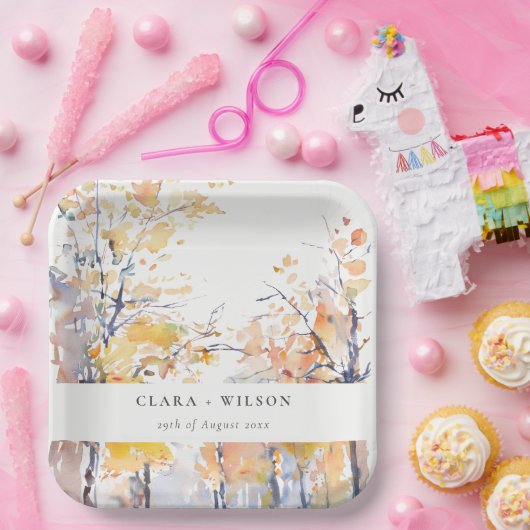 Rustikale Pastellgelbe Herbst-Landschaft Hochzeit Pappteller (Party)