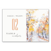 Rustikale Pastellgelbe Herbst-Landschaft Hochzeit Tischnummer (Rückseite)