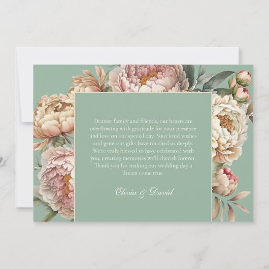 Rustikale Pastellsaft Grün-Rosa-Peonie Dankeskarte (Rückseite)