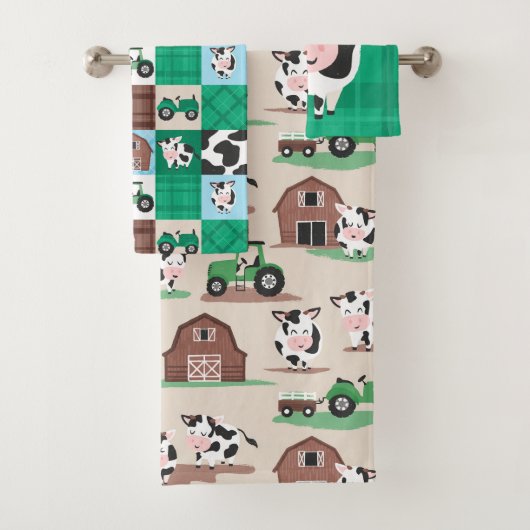 Rustikale Patchwork-Kuh-Farm Beige und Grün Badhandtuch Set (Insitu)