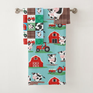 Rustikale Patchwork Kuh Farm Blau und Rot Badhandtuch Set