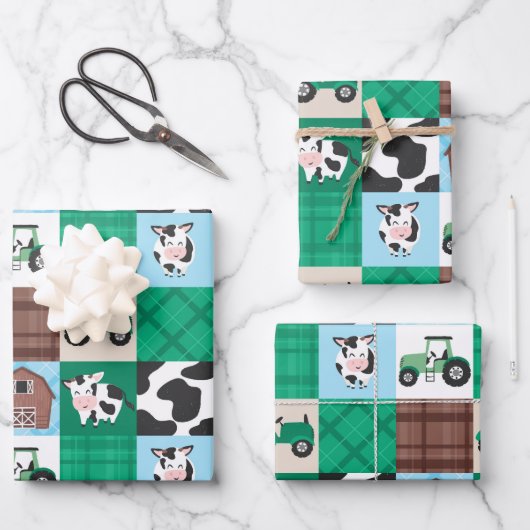 Rustikale Patchwork Kuh Karierter Kindergeburtstag Geschenkpapier Set (Vorderseite)
