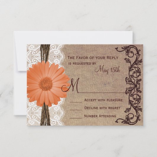 Rustikale Peach Coral Daisy Blume Wedding RSVP Car (Vorderseite)