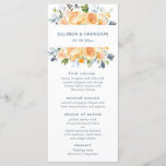 Rustikale Peach Peony Wedding Menu Cards Menükarte<br><div class="desc">Unsere Hochzeitskarten für die Rose im Sommer sind elegante Blumenkarten in Aquarelltönen mit Pfirsich- und Weißrosentönen und blauen Dicken-Blumenelementen,  personalisiert mit Ihren Namen und Ihrem Hochzeitstag. Eine schöne Wahl im Sommer und Frühling Hochzeitsfarben. Entworfen,  um mit unserer Summer Rose Wedding Invitations Collection zu koordinieren.</div>