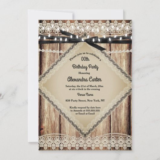Rustikale Pearl Lace Barn Wood Black String Lights Einladung (Vorderseite)