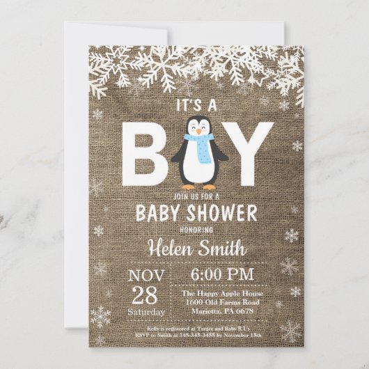 Rustikale Penguin Winter Boy Baby Dusche Einladung (Vorderseite)