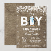 Rustikale Penguin Winter Boy Baby Dusche Einladung (Vorne/Hinten)