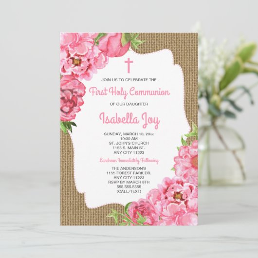 Rustikale Peonies Erste Heilige Kommune einladen Einladung (Stehend Vorderseite)