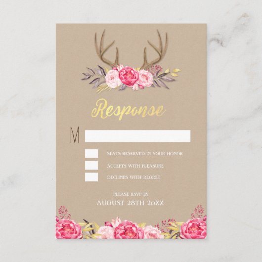 Rustikale Peony and Deer Antler Wedding RSVP Cards (Vorderseite)
