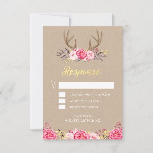 Rustikale Peony and Deer Antler Wedding RSVP Cards Karte (Vorderseite)