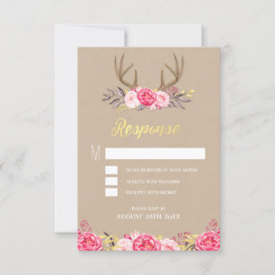 Rustikale Peony and Deer Antler Wedding RSVP Cards Karte