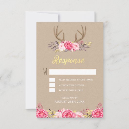 Rustikale Peony and Deer Antler Wedding RSVP Cards Karte (Vorderseite)