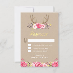 Rustikale Peony and Deer Antler Wedding RSVP Cards Karte