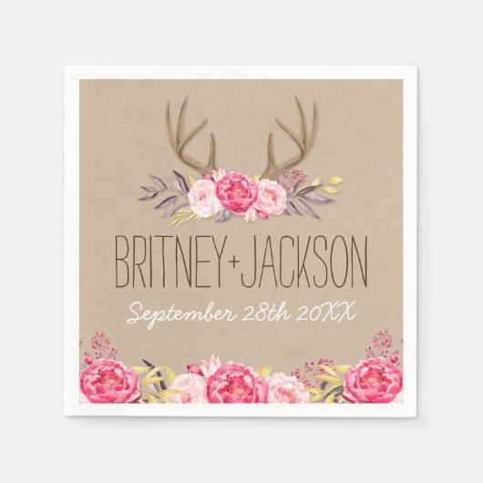 Rustikale Peony and Deer Antler Wedkins Serviette (Vorderseite)