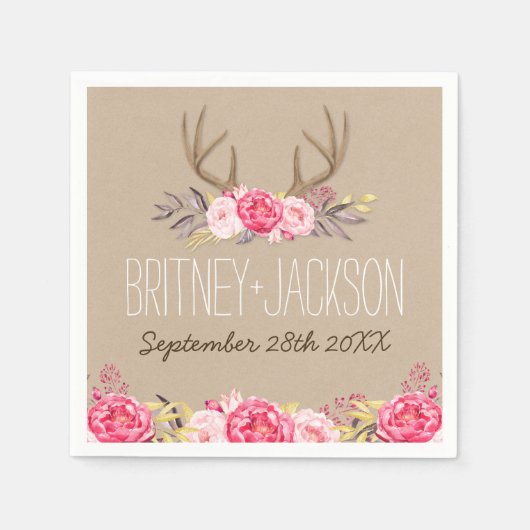 Rustikale Peony and Deer Antler Wedkins Serviette (Vorderseite)