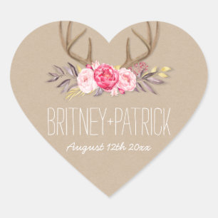 Rustikale Peony & Deer Antler Gastgeschenke Hochze Herz-Aufkleber