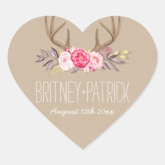 Rustikale Peony & Deer Antler Gastgeschenke Hochze Herz-Aufkleber (Vorderseite)