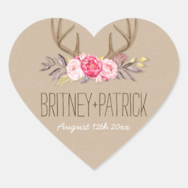 Rustikale Peony & Deer Antler Gastgeschenke Hochze Herz-Aufkleber