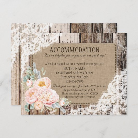 Rustikale Peony Floral Wood Lace Unterkunft Karte (Vorne/Hinten)
