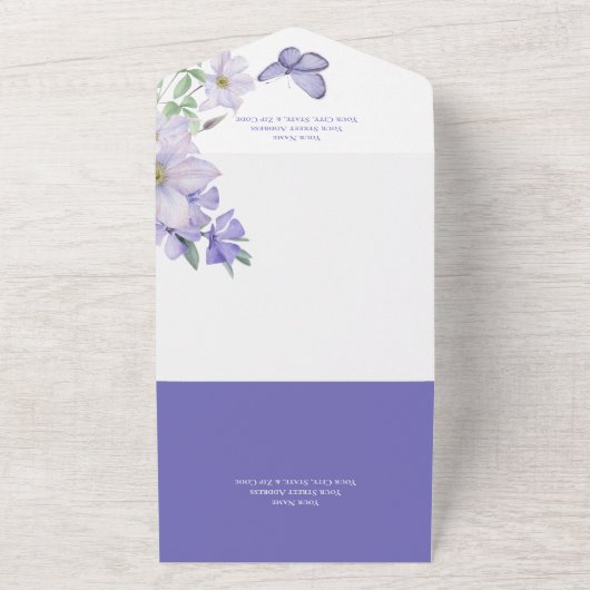 Rustikale Peri-Blume & Butterfly Lila Abendessen All In One Einladung (Außenbereich)