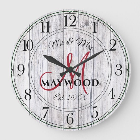 Rustikale Personalisierte Hochzeiten Mit Monogramm Große Wanduhr (Vorderseite)