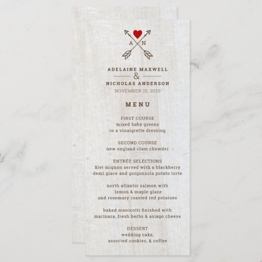 Rustikale Pfeile Rotes Herz Hochzeit Menükarte (Vorne/Hinten)