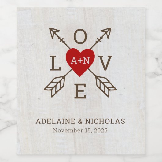 Rustikale Pfeile Rotes Herz Hochzeit Weinetikett (Einzelnes Label)