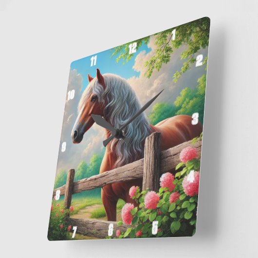 Rustikale Pferdewiese Lebhafte Landschaft Quadratische Wanduhr (Winkel)