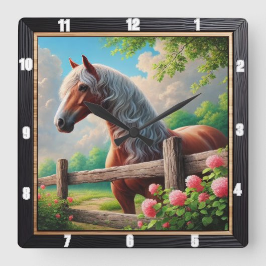 Rustikale Pferdewiese Quadratische Wanduhr (Vorderseite)