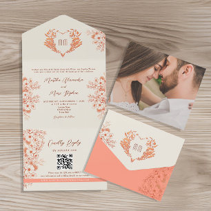 Rustikale Pfirsich-Blumen-Herz-Monogramm-Hochzeit All In One Einladung