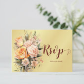 Rustikale Pfirsich- und Gold-Blume Hochzeit RSPV-K RSVP Karte (Stehend Vorderseite)
