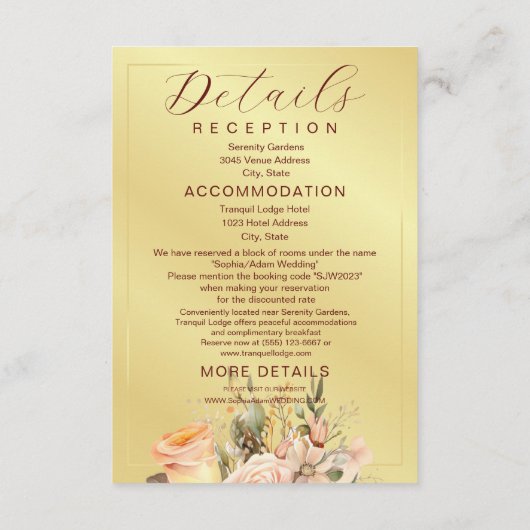 Rustikale Pfirsich- und Goldblumenhochzeit Begleitkarte (Rückseite)